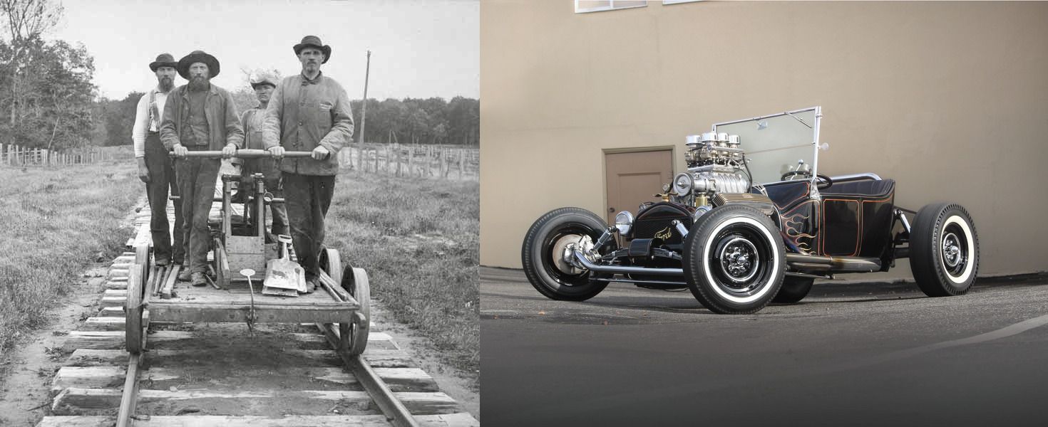 A black and white photo of men pushing a cart on train tracks next to a picture of a car.