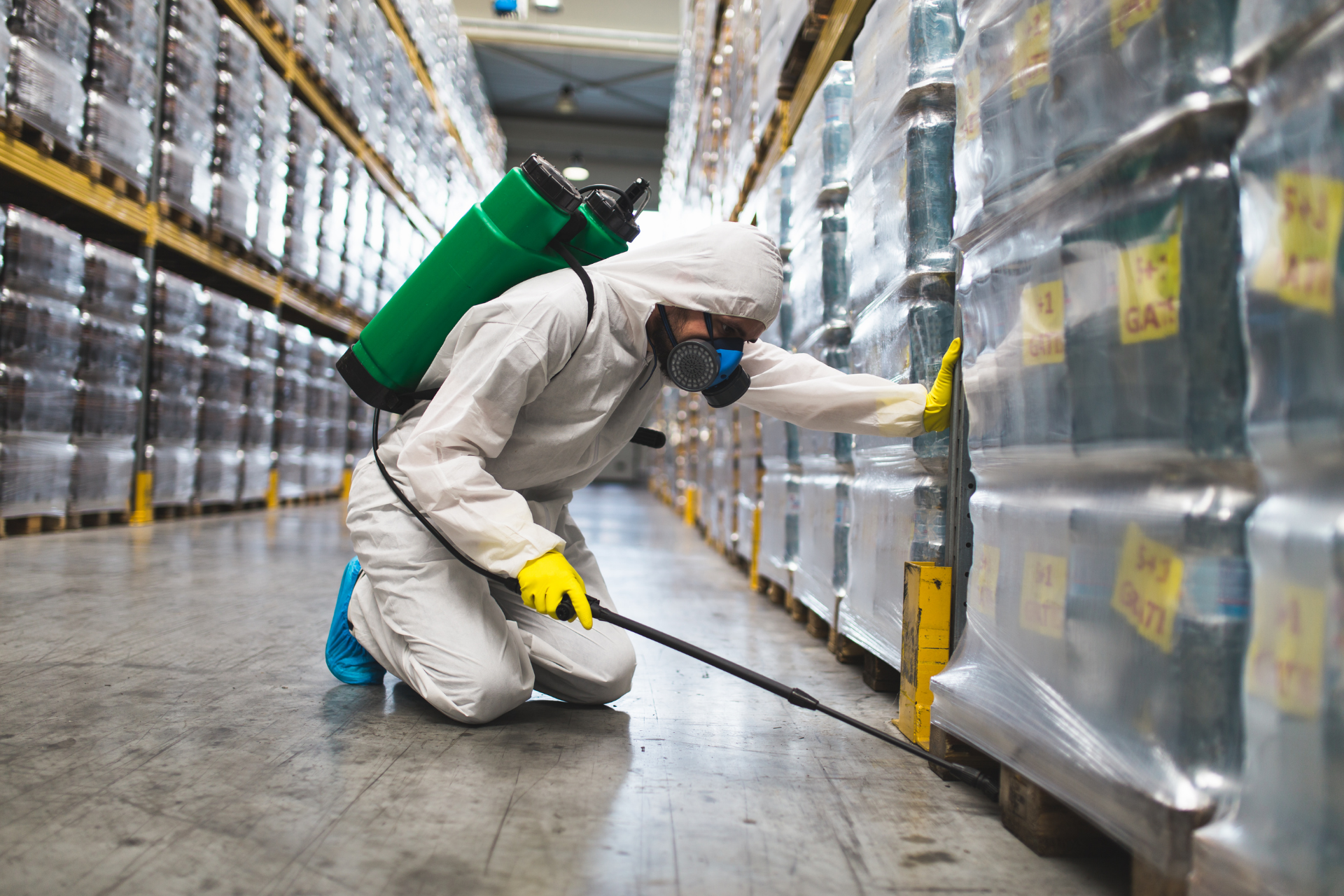 Worker in white protective suit spraying disinfectant in warehouse aisle
