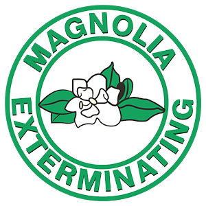 Green Magnolia Exterminating logo with white magnolia and leaves in a circular emblem