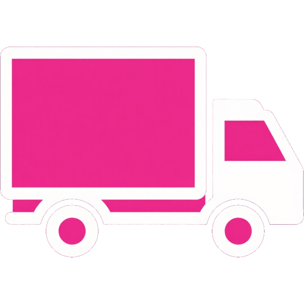 Icono de camión de reparto rosa sobre fondo blanco