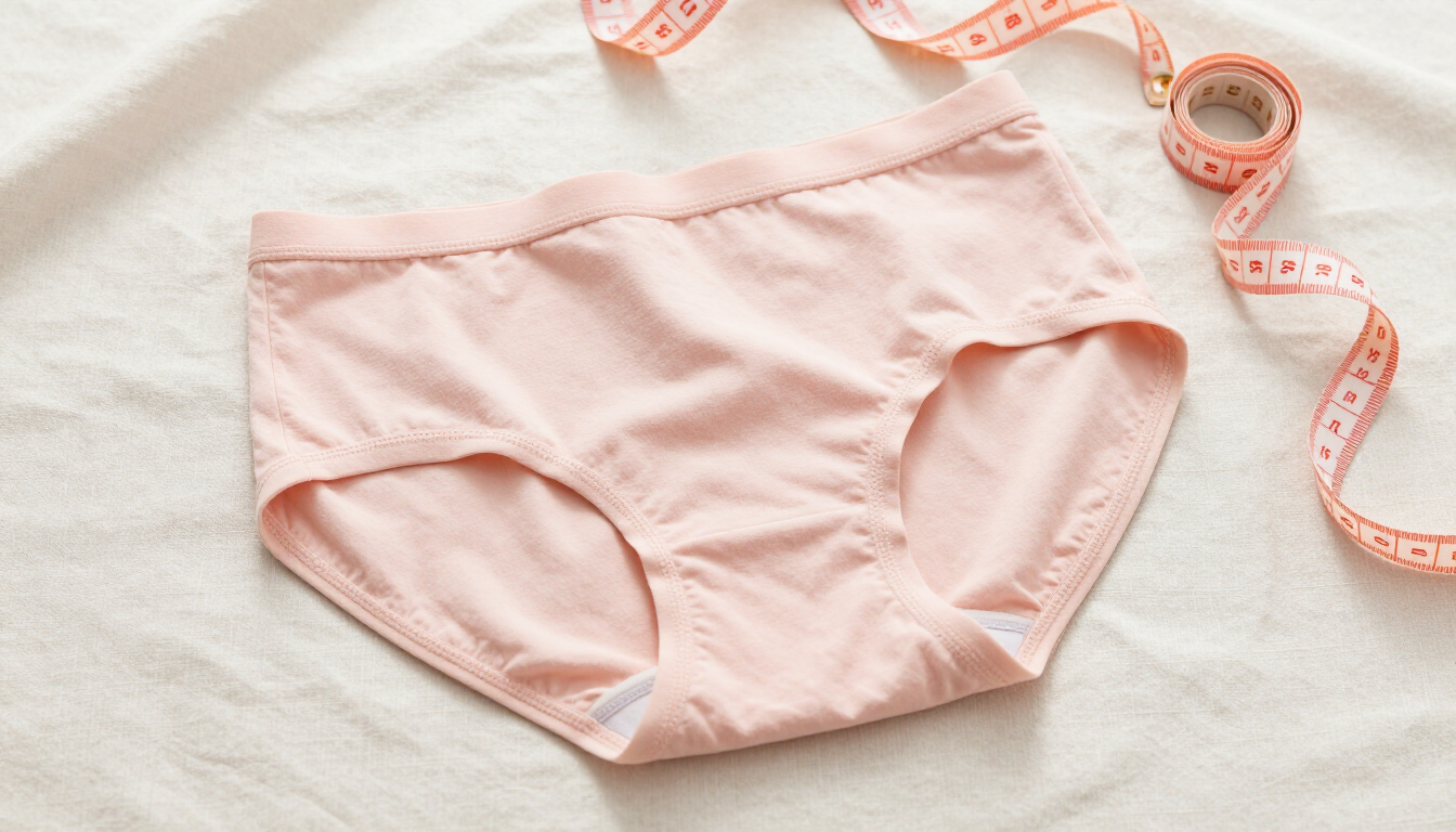 Ropa interior de encaje rosa con una cinta métrica sobre un fondo de tela clara.