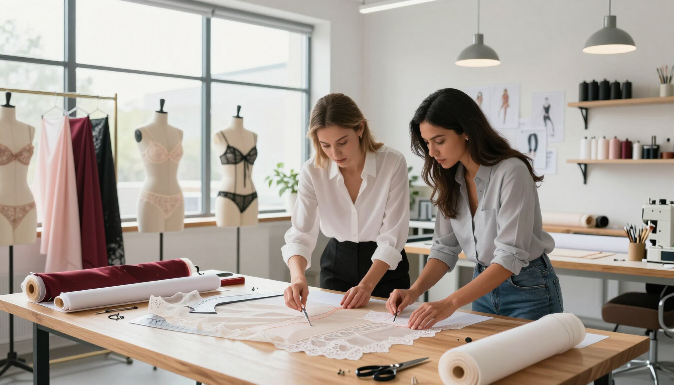 Dos diseñadores planificando patrones de prendas en una gran mesa en un luminoso estudio de moda.