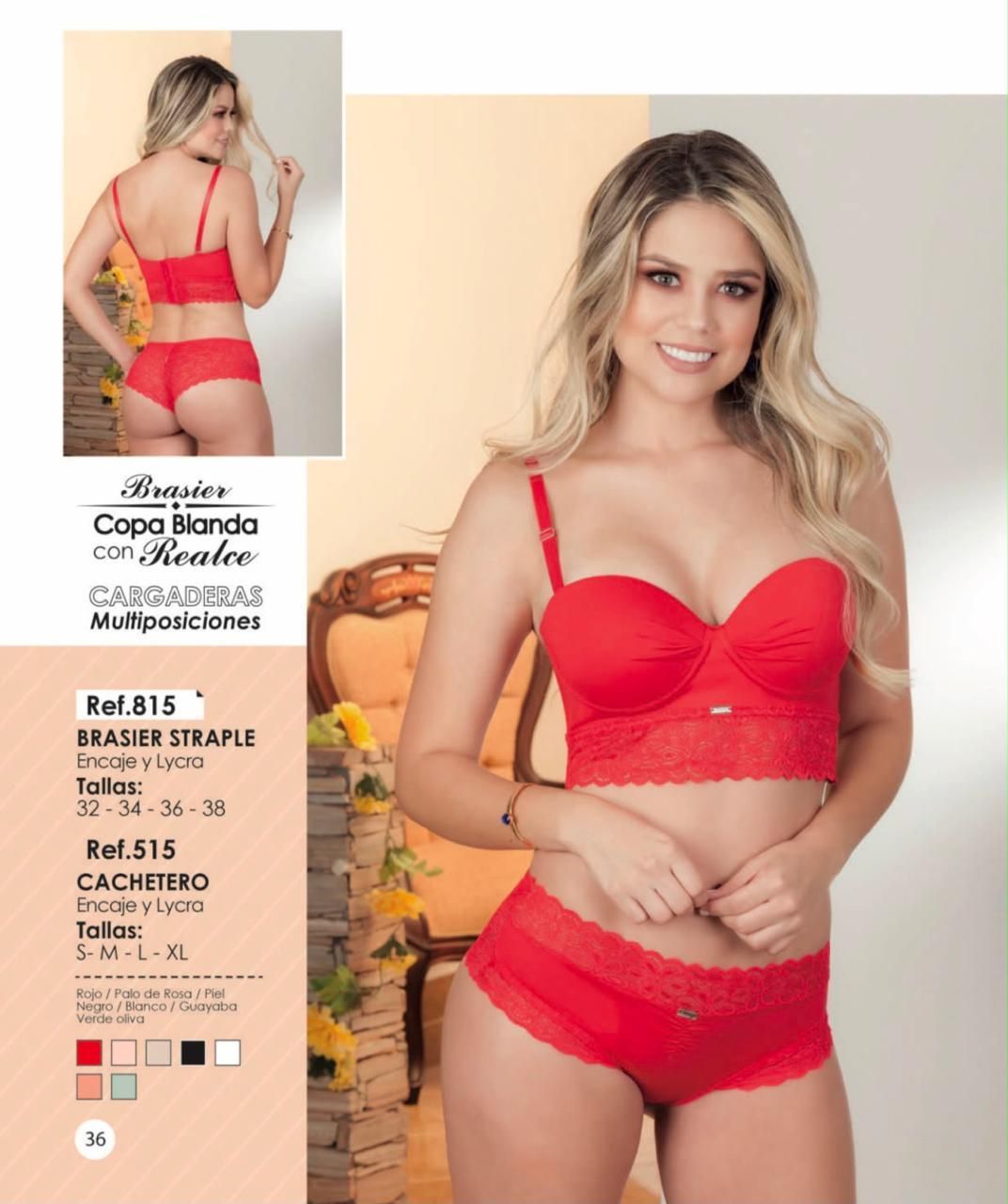 Conjunto de lencería de encaje rojo en una modelo rubia sonriente
