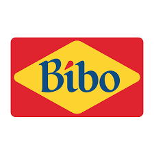 Logo Bibo: testo blu su un rombo giallo sopra un rettangolo rosso