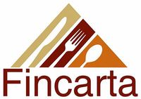 Logo Fincarta con forchetta, cucchiaio e coltello stilizzati color oro, bordeaux e arancione sopra il nome