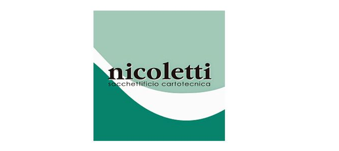 Logo Nicoletti con quadrato verde, onda bianca e testo nero.