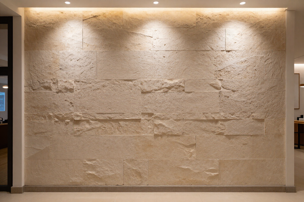 Muro revestido en piedra en espacio comercial