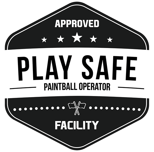 A black and white logo that says play safe paintball operator facility