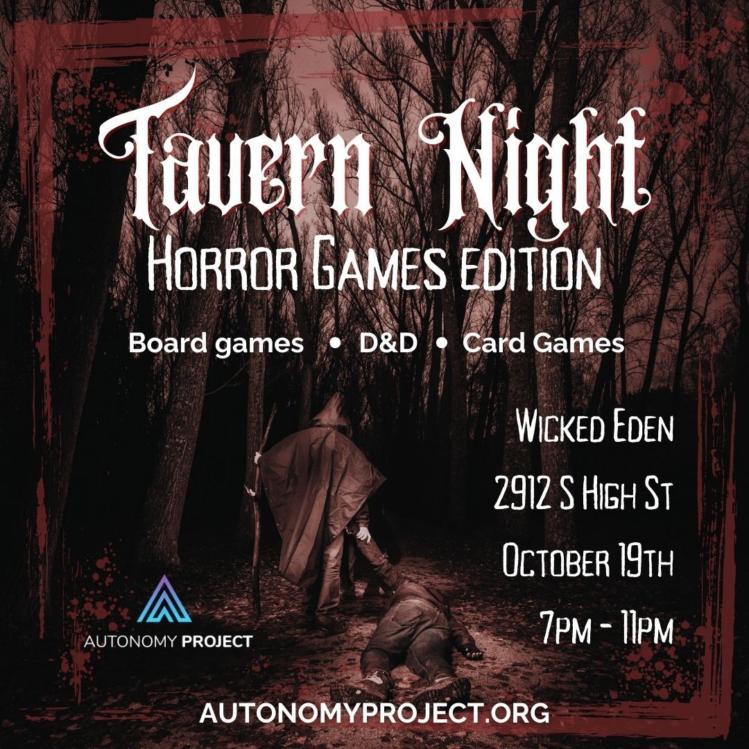 Event flyer: Tavern Night Horror Games Edition at Wicked Eden. Games include board games, D&D, and card games. October 19th, 7 PM - 11 PM.