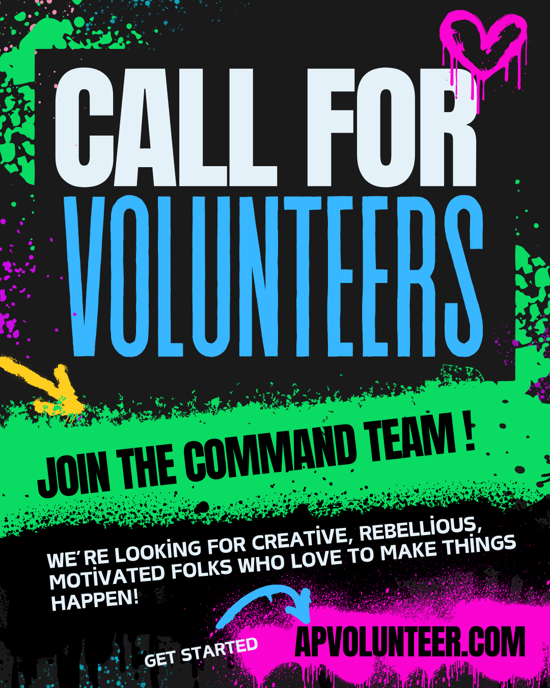 Poster calling for volunteers. Bold text: