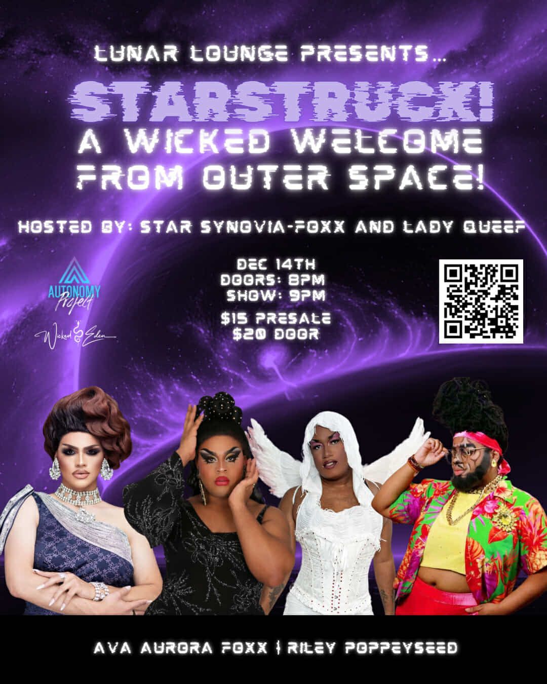 Poster for a drag show at Lunar Lounge. Features four drag queens and event details: December 14th, doors at 8 PM, show at 9 PM.
