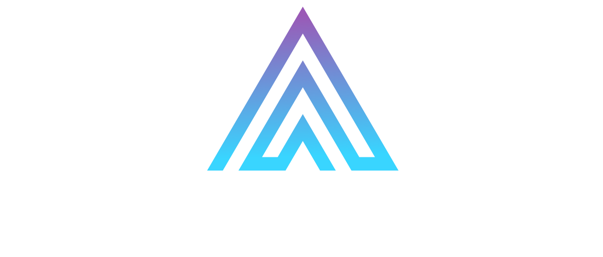 An abstract logo with three stacked triangle shapes in a gradient of purple to blue.