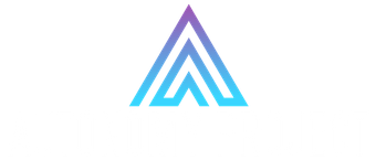 An abstract logo with three stacked triangle shapes in a gradient of purple to blue.