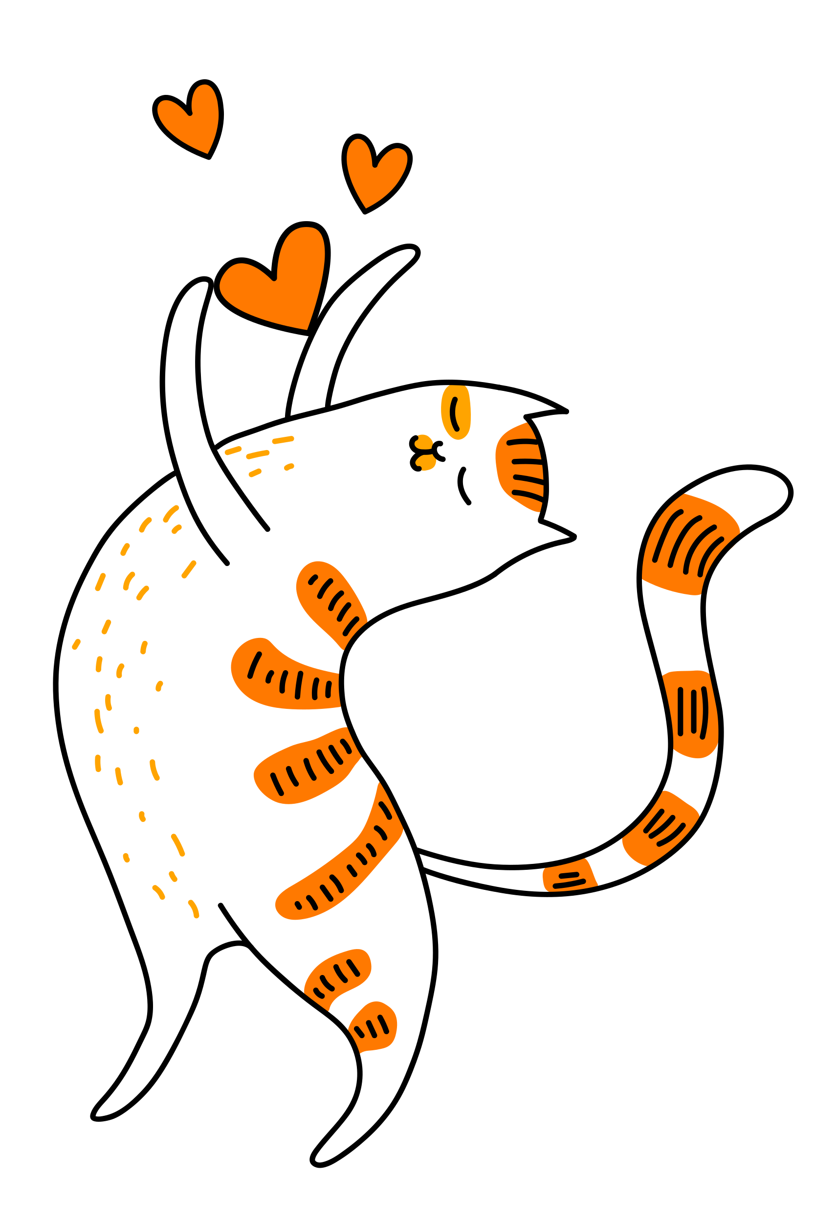 Orange and white cat holding up a heart with a happy expression, and two hearts floating above it.
