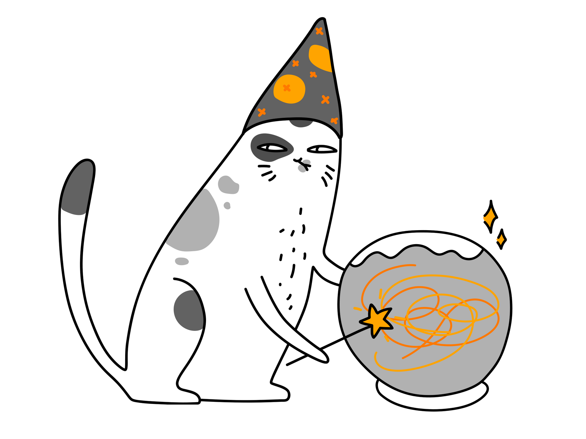 Cat wearing wizard hat, gazing at crystal ball, holding wand.