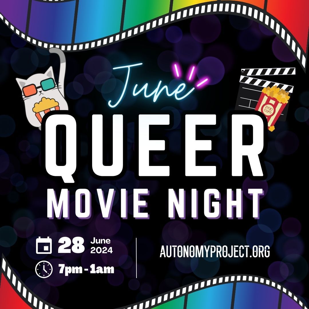 June Queer Movie Night event poster: Cat in 3D glasses, film reel with popcorn, rainbow, and event details.