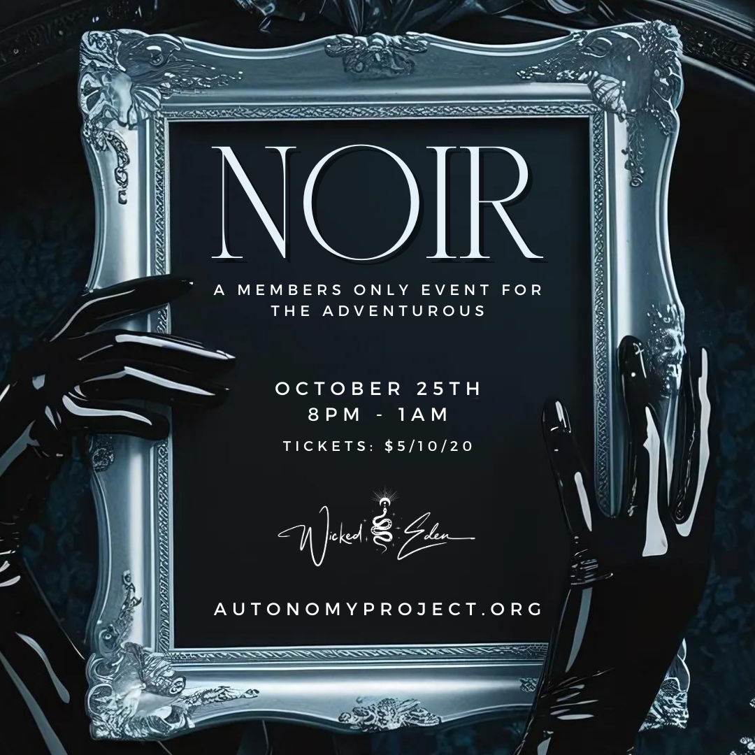 Noir event announcement. Black and silver design. Includes date, time, and website. Features black latex-gloved hands.