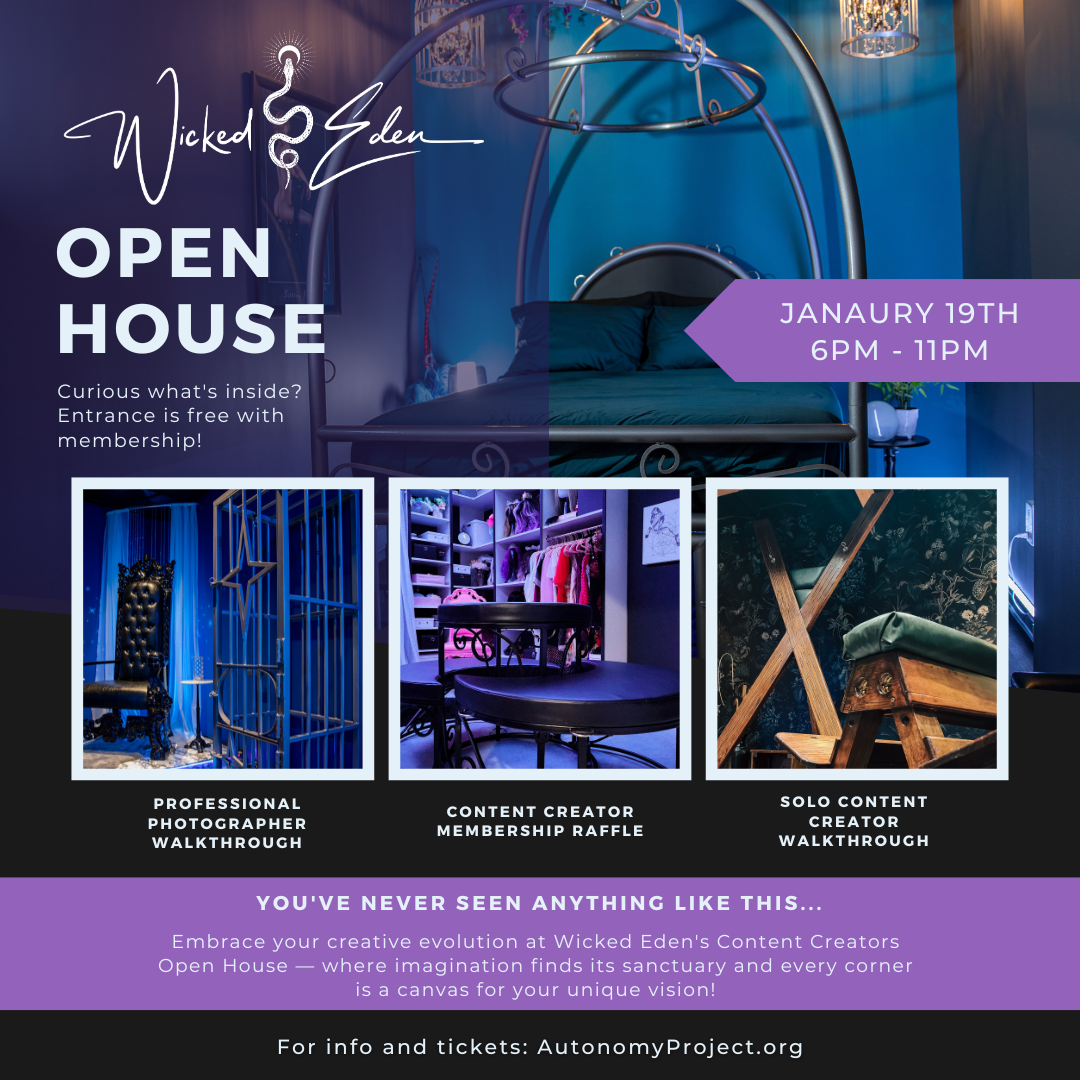 Wicked Eden Open House flyer, January 13th. Features boudoir and content creation spaces.