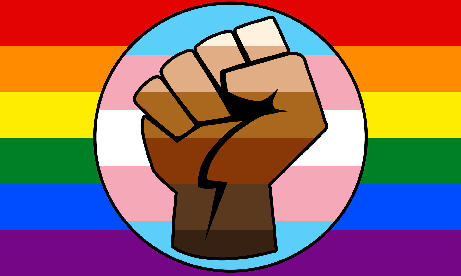 Rainbow LGBTQ+ flag with a circle containing a raised fist, with black, brown, tan, and white stripes, and a light blue and pink circle surrounding it.