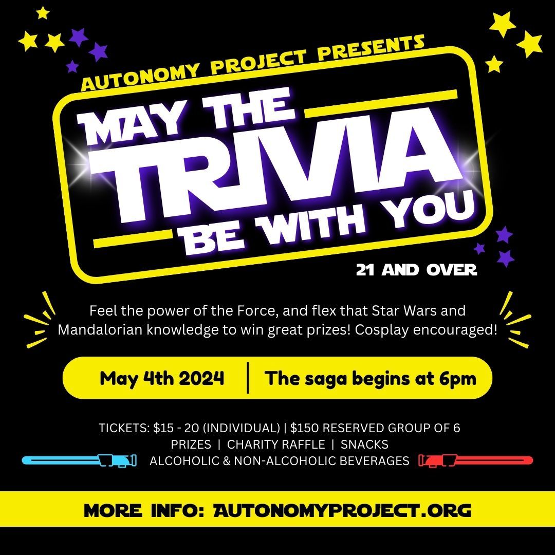 Poster for a Star Wars trivia night on May 4th at 6pm. Features the event title in yellow and purple, with details and website.