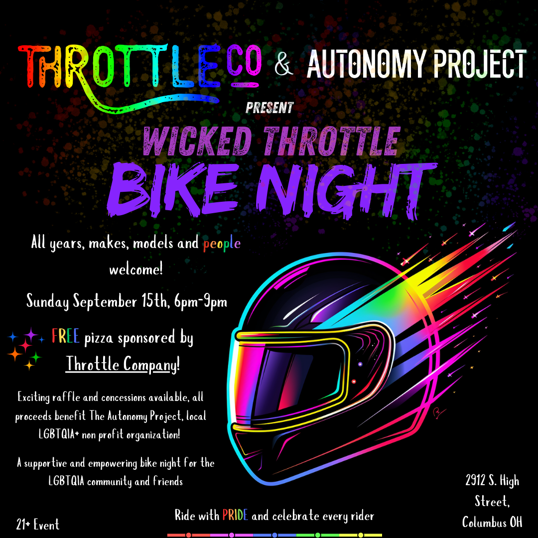 Motorcycle event flyer with rainbow helmet graphic, Sept 15th, 5-9pm. Free pizza. All bikes welcome.