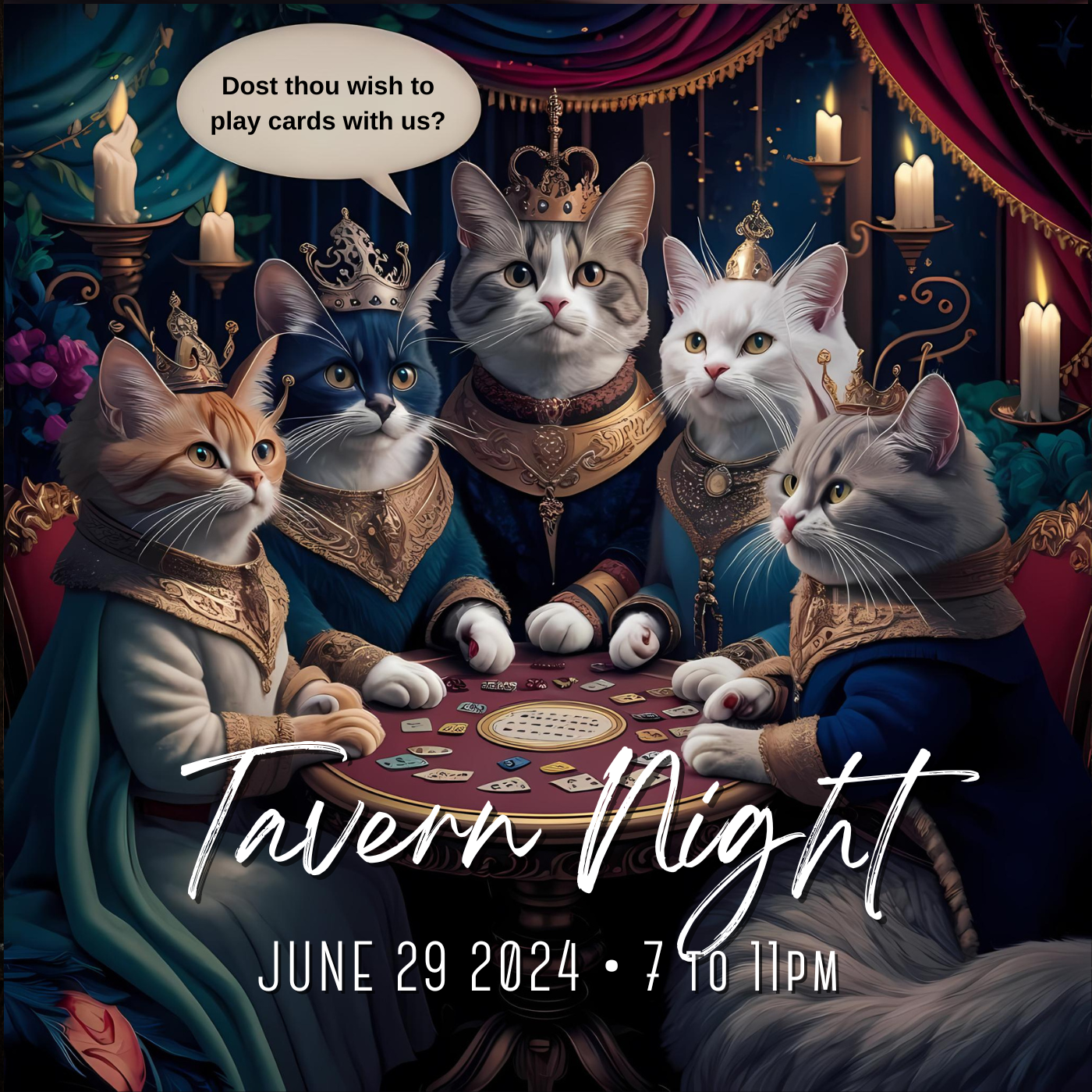 Cats in regal attire playing cards at a tavern, text reads