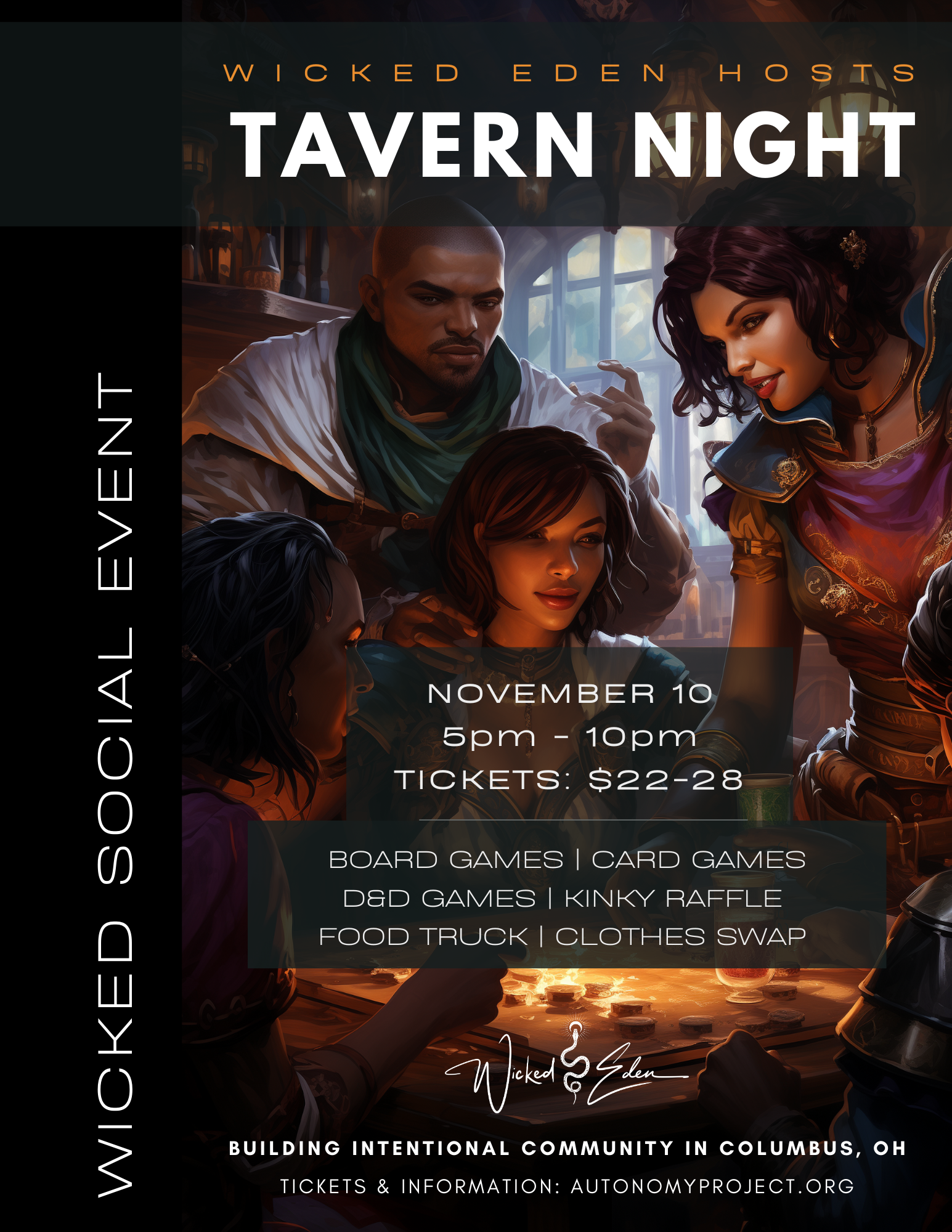 Poster for Wicked Eden's Tavern Night on November 10th. Features a group of people at a table, promoting board games, kink, and a clothing swap.
