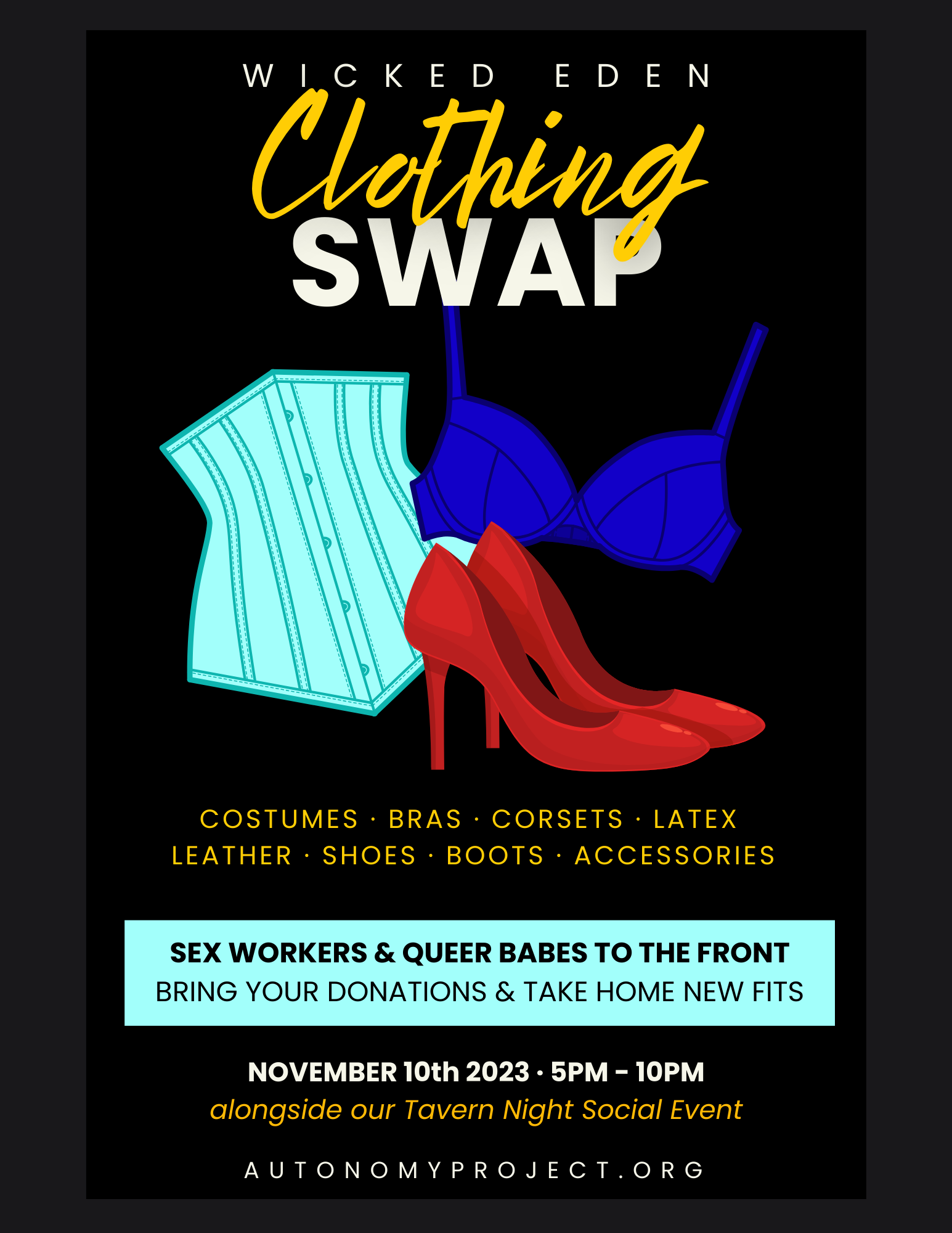 Clothing swap flyer with corset, bra, and heels. Event on November 10th for sex workers and queer folks.