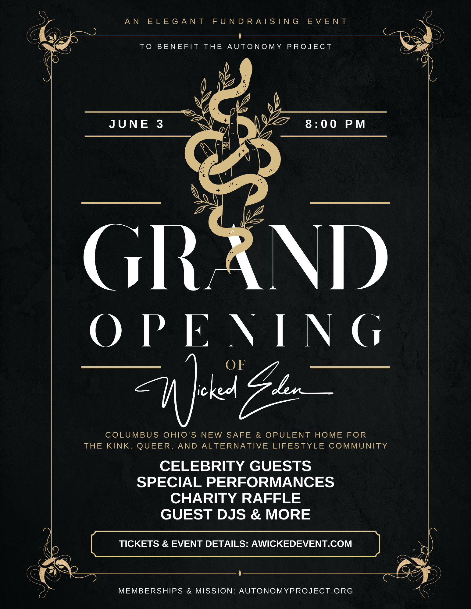 Grand opening event flyer. Black background, gold accents, snake graphic. Text: Grand Opening of Wicked Eden.