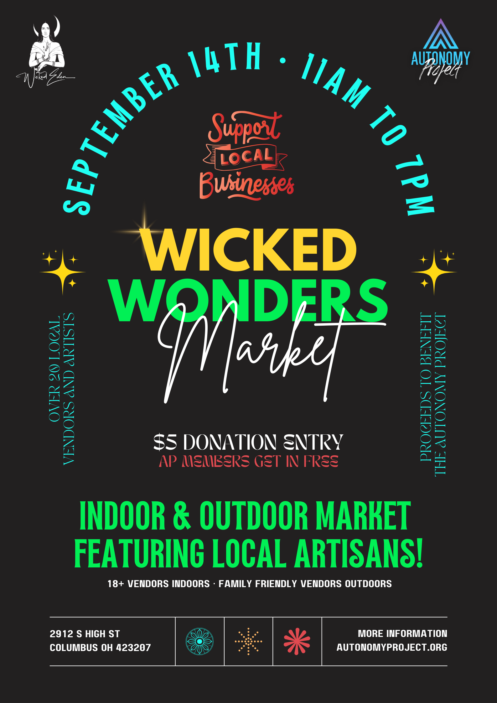 Poster for Wicked Wonders Market. September 14th, 11am-7pm. Indoor & outdoor market featuring local artisans. $5 donation entry.