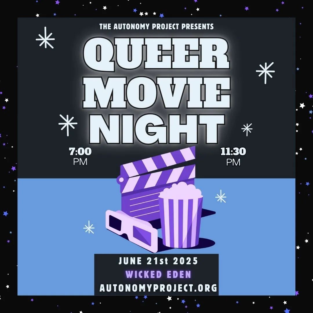 Poster for a queer movie night. Includes a film clapboard, popcorn, and 3D glasses. Dates and website are visible.