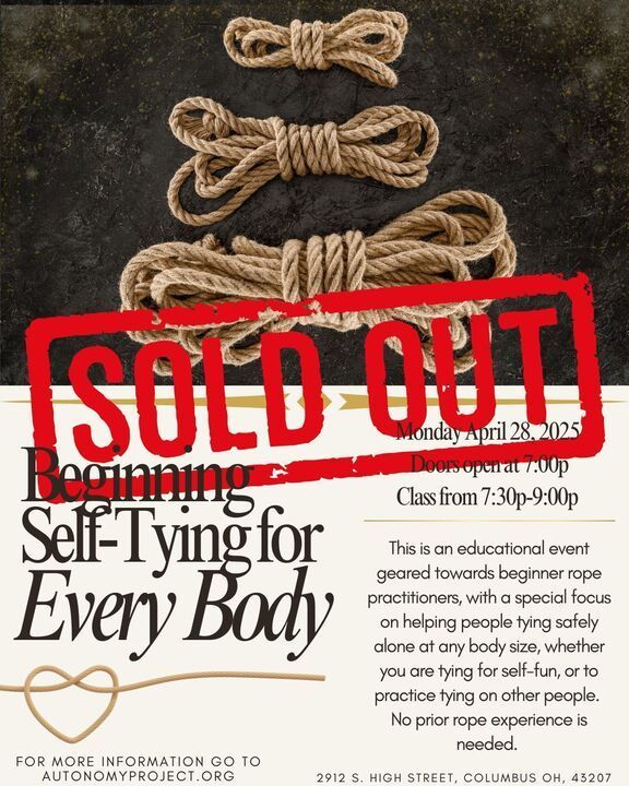Advertisement for a sold-out beginning self-tying workshop with rope bundles and a stamped
