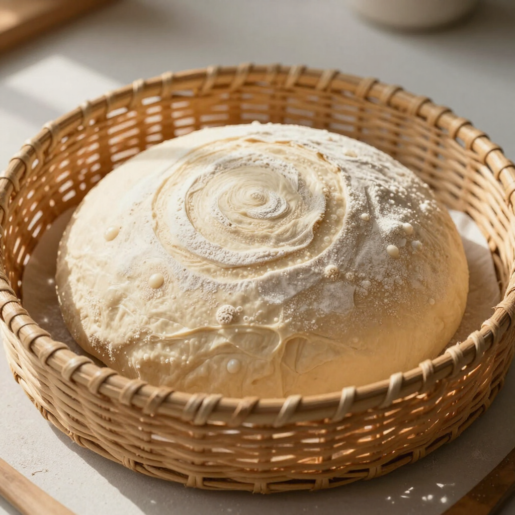 Unbakesd sourdough in wicker banneton 