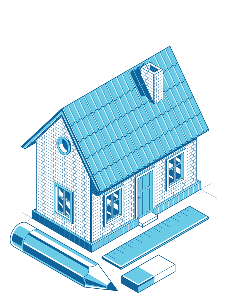 An isometric drawing of a house with a pencil , ruler and eraser.