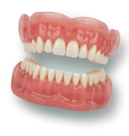 Upper and lower pink dentures with white teeth, shown separated on a plain background