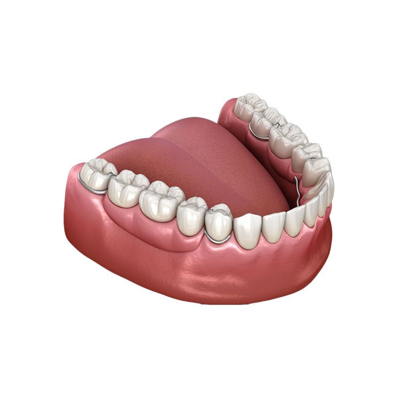 Illustration of a lower human jaw with teeth and pink gums, mouth open on a white background