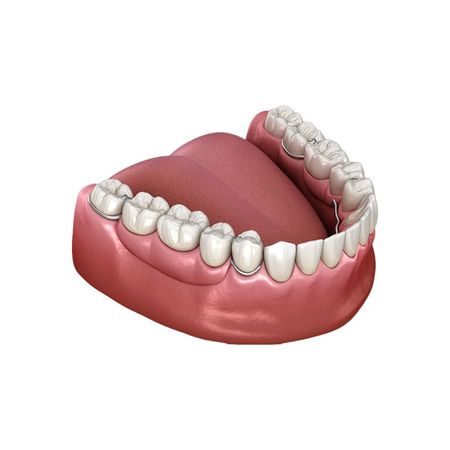 3D model of an open human mouth with teeth and pink gums, tongue visible