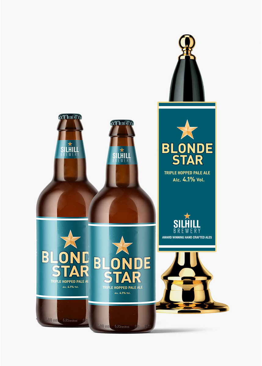 Three bottles of blonde star beer next to a tap.