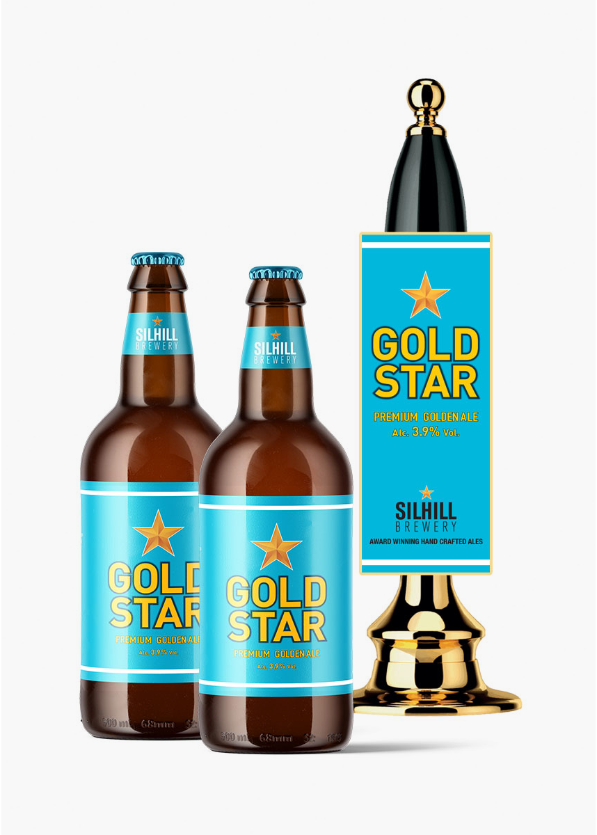 Three bottles of gold star beer are sitting next to each other on a white background.