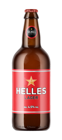 A bottle of helles lager with a red label on a white background.