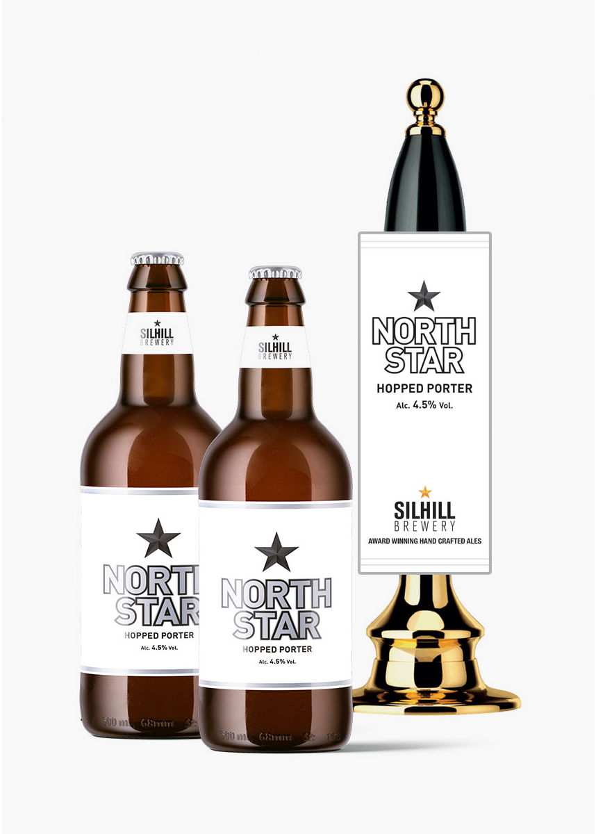 Three bottles of north star beer are sitting next to each other on a white background.