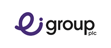 A purple and black logo for a company called e group plc.