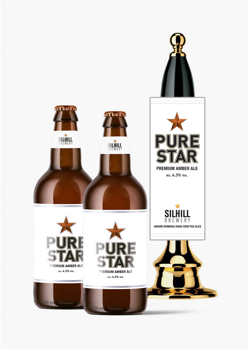 Three bottles of pure star beer are sitting next to each other on a white background.
