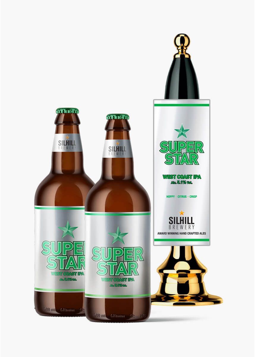 Three bottles of super star beer are sitting next to each other on a white background.