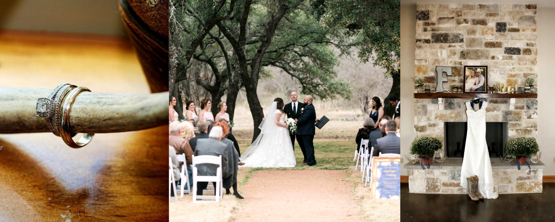Collage of a wedding ceremony outdoors, a close-up of a branch, and a rustic white dress display.