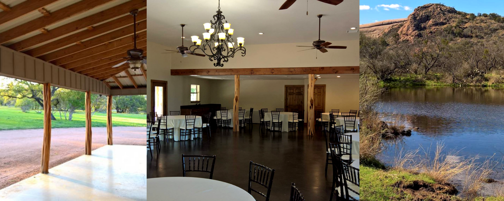 Three-panel view of a covered patio, dining room, and rocky lakeside landscape