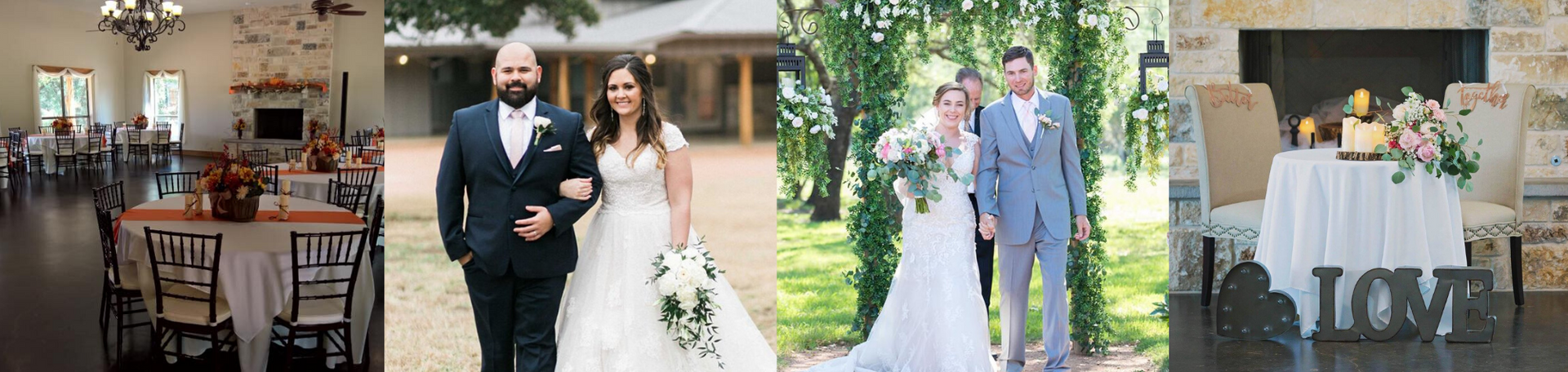 Wedding collage with bride and groom in tuxedo, couples walking outdoors, and reception tables set indoors