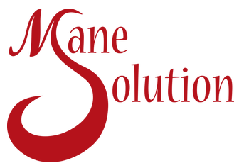 A red and white logo for mane solution