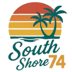 South Shore 74 logo with sunset, palm trees, waves, and teal and gold text