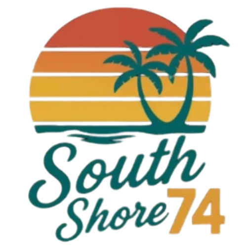 South Shore 74 logo with sunset, palm trees, waves, and teal and gold text